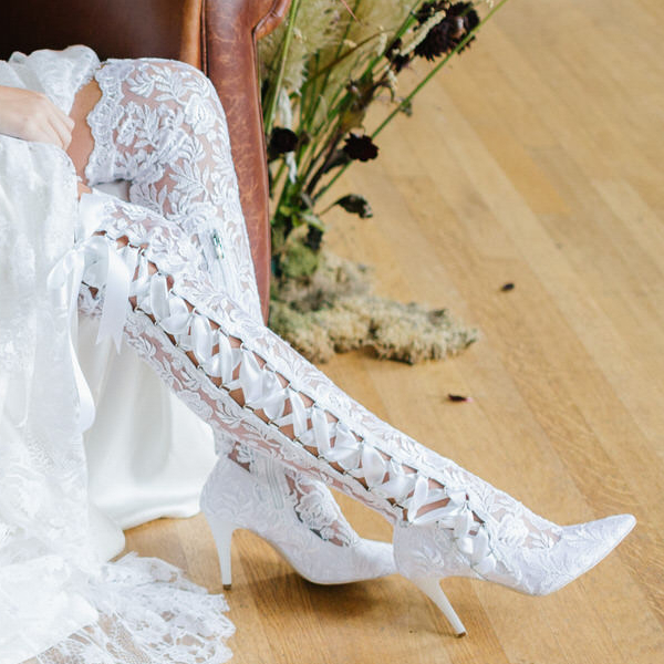 Over the knee White Lace Wedding Boots 
