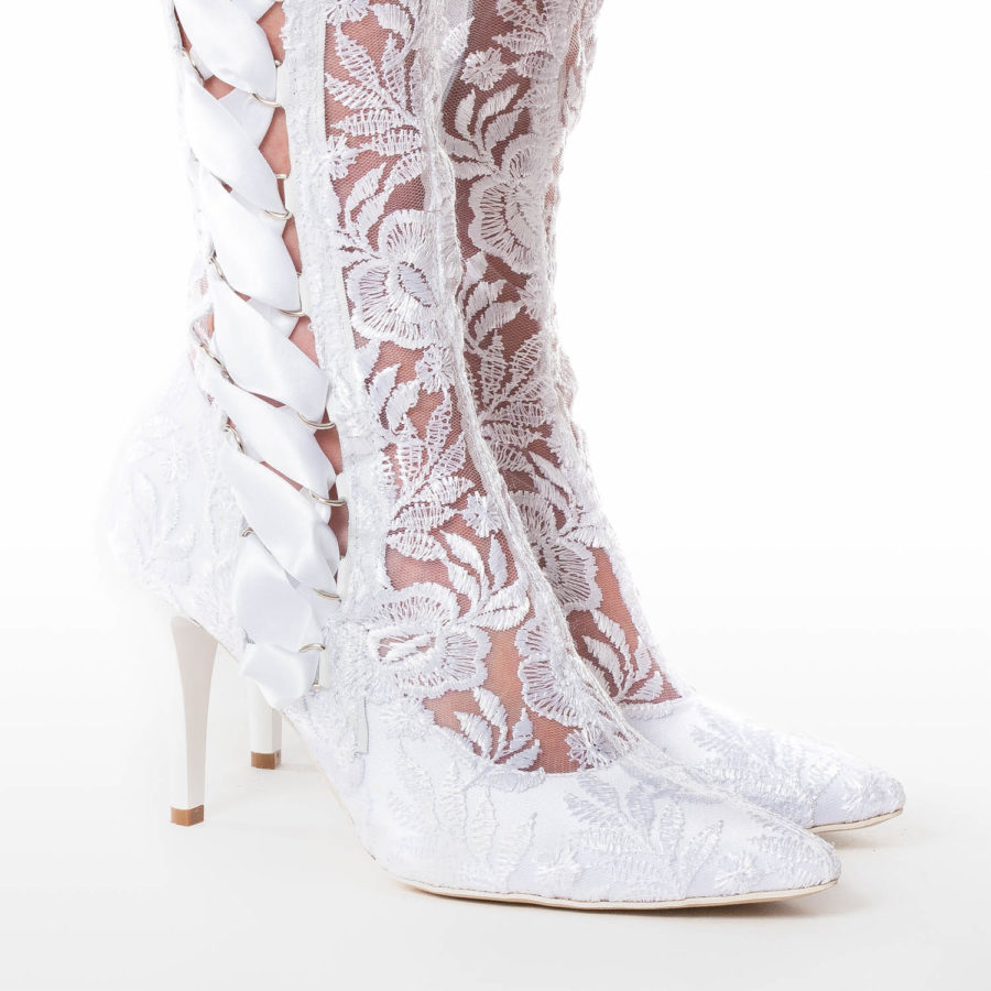 Over The Knee White Lace Wedding Boots - House Of Elliot